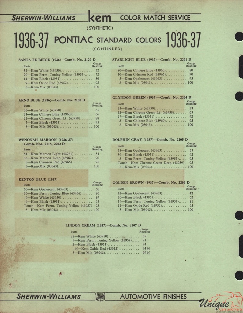 1936 Pontiac Paint Charts Williams 6